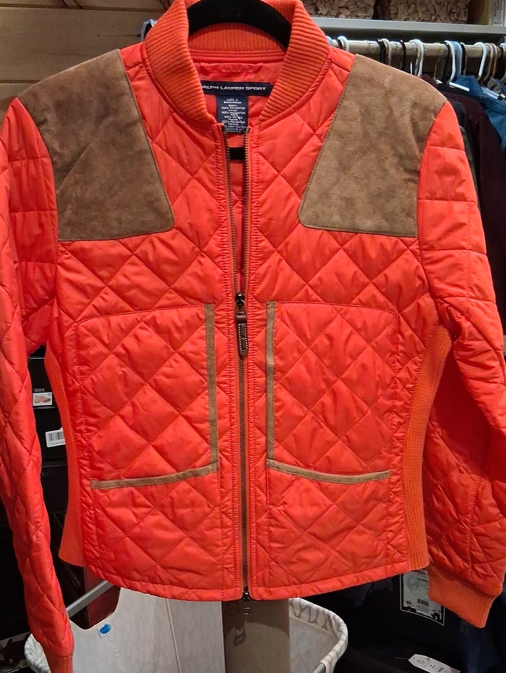 Orange Quilted Bomber Jacket with Brown Suede Accents
